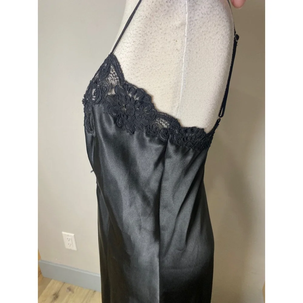 VTG Fredrick of Hollywood Black Satin Nightgown Slip Dress Maxi Lingerie Gown
